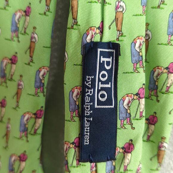 Polo Ralph Lauren NeckTie Mens Silk Green Golf Print - Picture 2 of 6